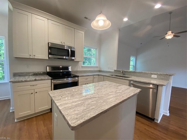 kitchen with kitchen peninsula, white cabinetry, stainless steel appliances, vaulted ceiling, and dark hardwood / wood-style flooring