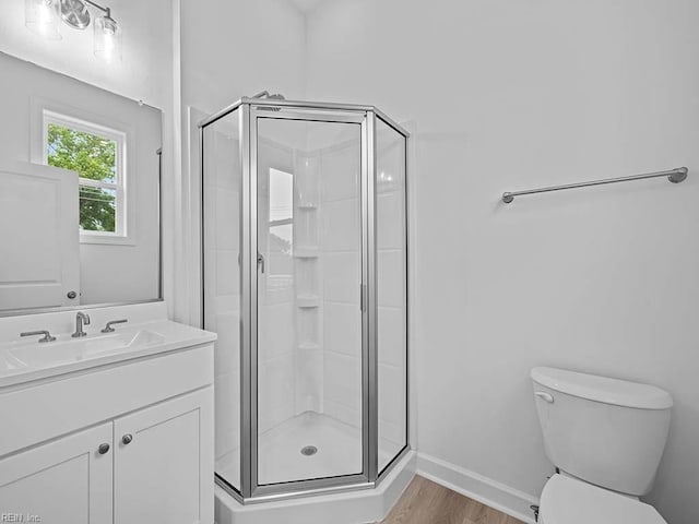 bathroom with vanity, hardwood / wood-style floors, toilet, and a shower with door