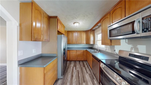 kitchen featuring sink, appliances with stainless steel finishes, light hardwood / wood-style floors, and a textured ceiling