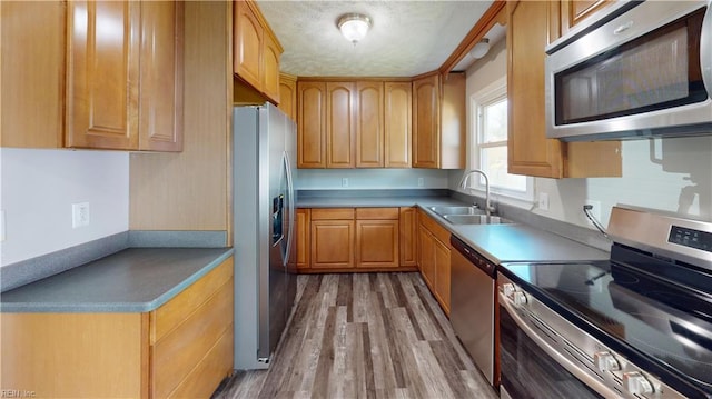 kitchen with appliances with stainless steel finishes, sink, and hardwood / wood-style flooring