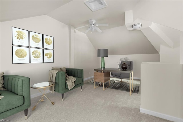 living area with light carpet, vaulted ceiling, and ceiling fan