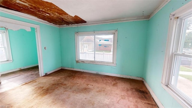 spare room with ornamental molding and light colored carpet