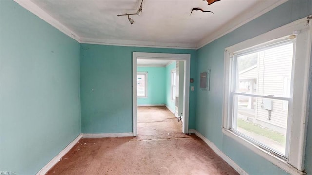 empty room featuring rail lighting, ornamental molding, and a healthy amount of sunlight