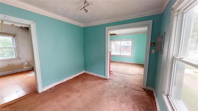 unfurnished room featuring crown molding and rail lighting