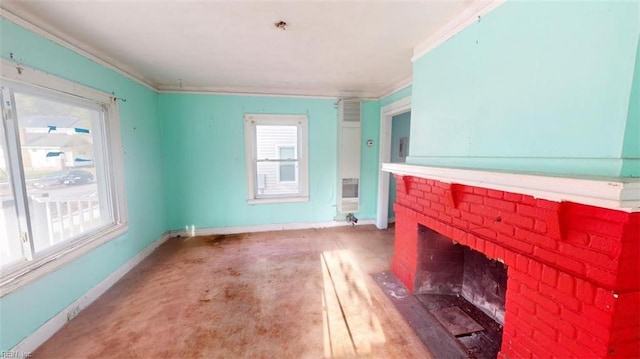 living room featuring a fireplace, crown molding, and carpet flooring