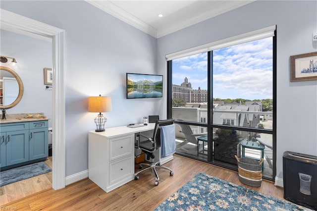 office space with light hardwood / wood-style flooring, sink, and crown molding