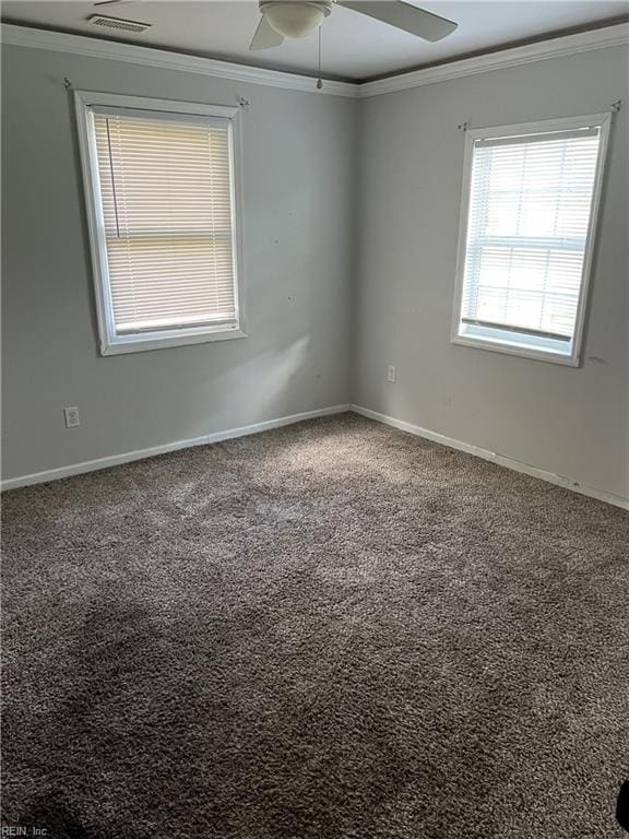 unfurnished room with ceiling fan, ornamental molding, and carpet