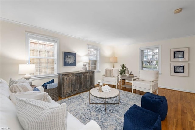 living room featuring ornamental molding and hardwood / wood-style floors