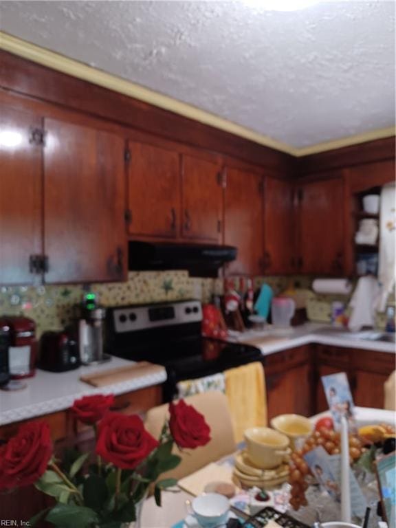 kitchen with ventilation hood, light countertops, a textured ceiling, and stainless steel range with electric stovetop