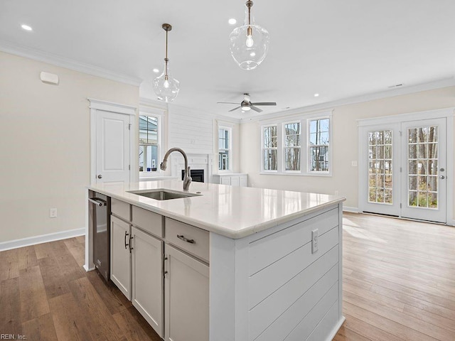 kitchen featuring crown molding, wood finished floors, and a sink