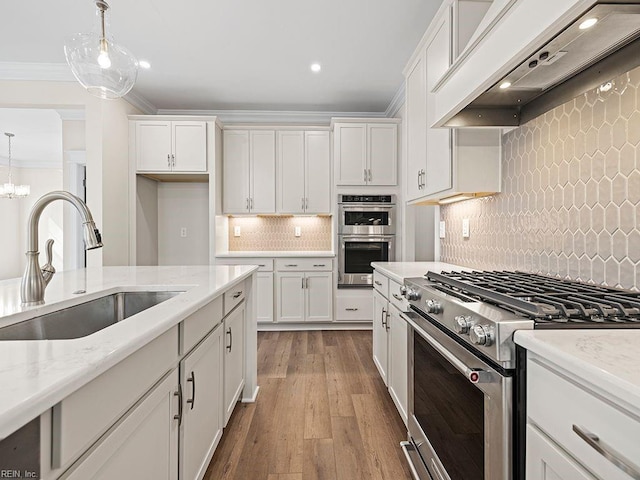 kitchen featuring premium range hood, ornamental molding, a sink, hardwood / wood-style flooring, and appliances with stainless steel finishes