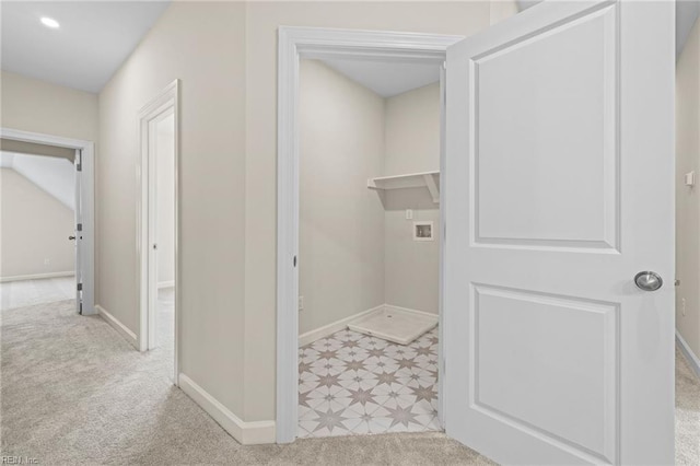 clothes washing area featuring recessed lighting, baseboards, carpet floors, and washer hookup