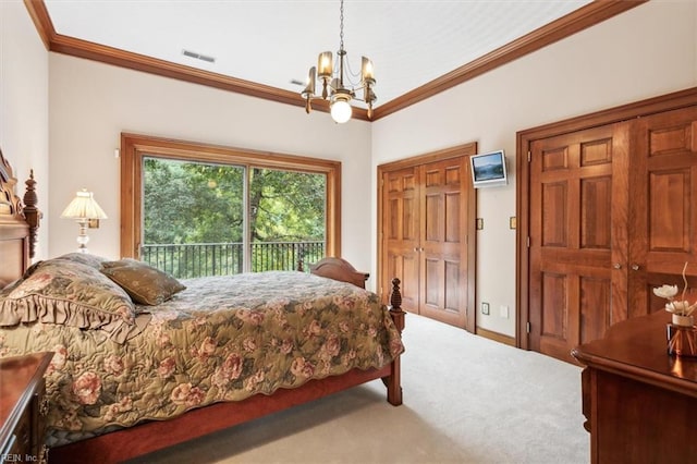 bedroom with access to outside, carpet, crown molding, and an inviting chandelier