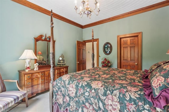 carpeted bedroom with ornamental molding and a notable chandelier