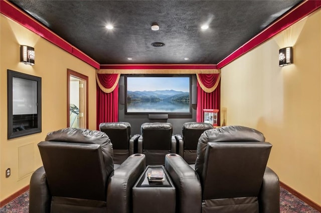 home theater with a textured ceiling