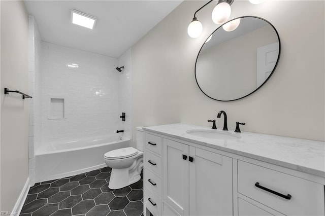 full bathroom with tiled shower / bath combo, tile patterned flooring, vanity, and toilet