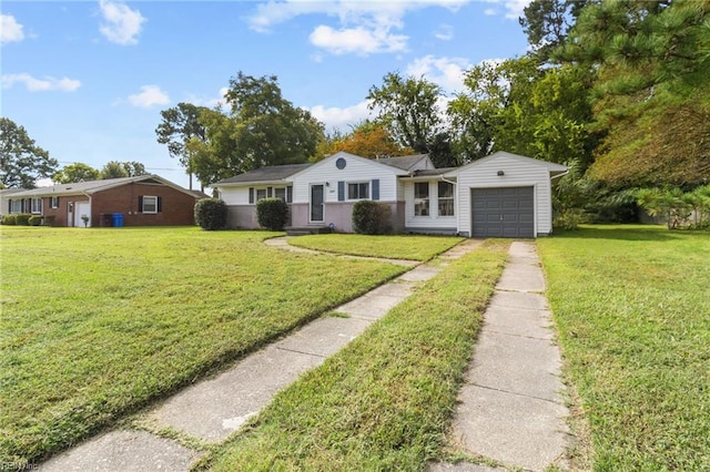 single story home featuring a garage and a front lawn