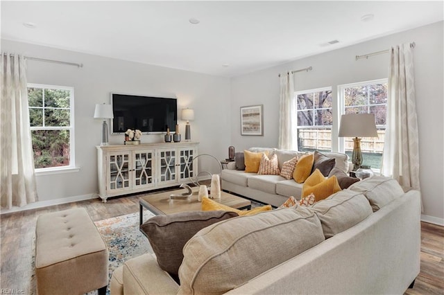 living room with light hardwood / wood-style floors and plenty of natural light