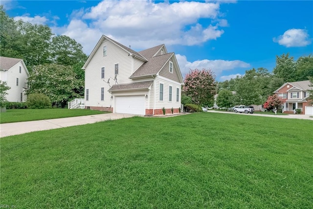 view of home's exterior featuring a lawn and a garage