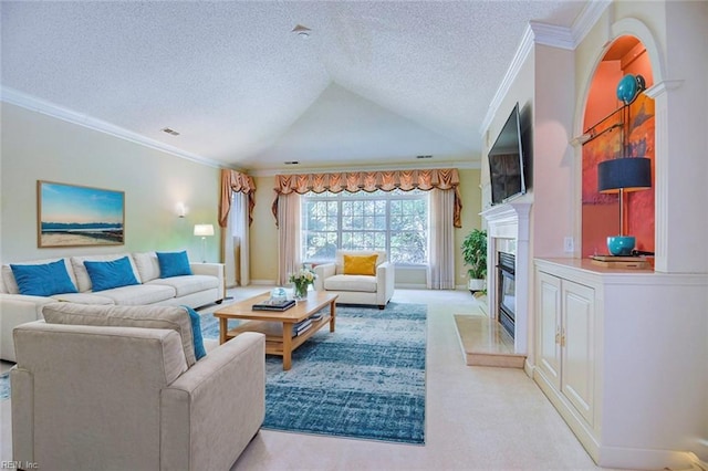 carpeted living room featuring ornamental molding, lofted ceiling, and a textured ceiling