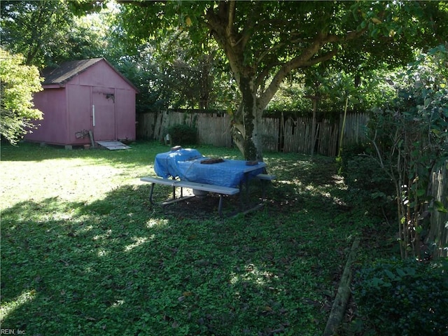 view of yard featuring a storage unit