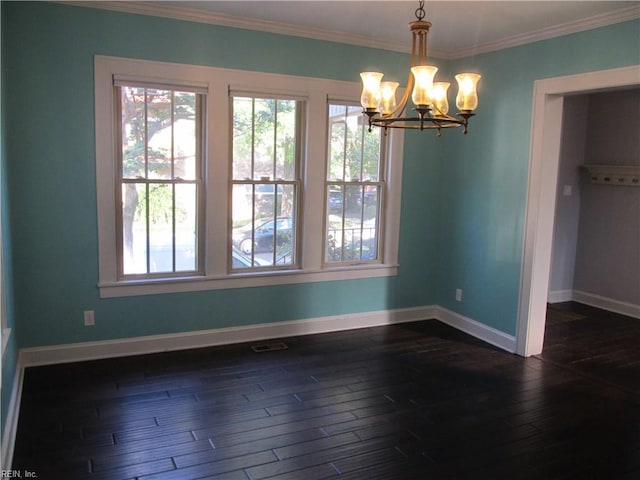 unfurnished dining area with ornamental molding, a chandelier, and dark hardwood / wood-style flooring