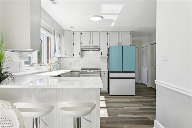 kitchen featuring sink, kitchen peninsula, dark wood-type flooring, a breakfast bar area, and white fridge