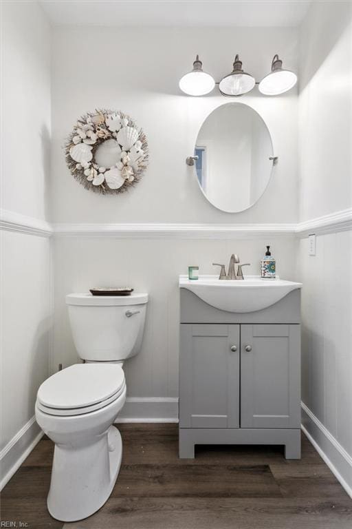 bathroom featuring vanity, toilet, and wood-type flooring