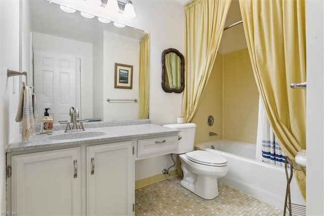 full bathroom featuring vanity, toilet, shower / bathtub combination with curtain, and tile patterned floors