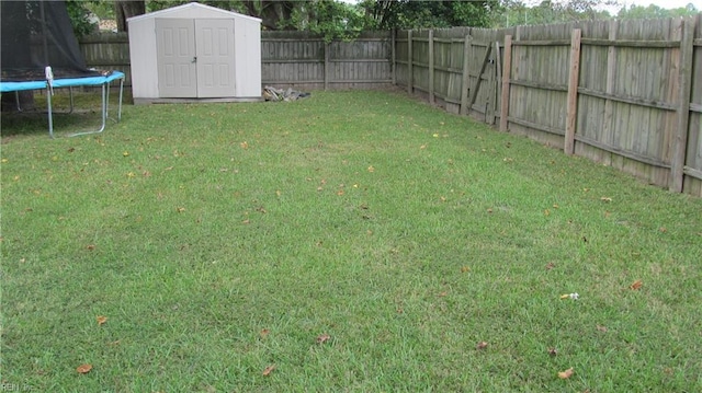 view of yard with a trampoline and a shed