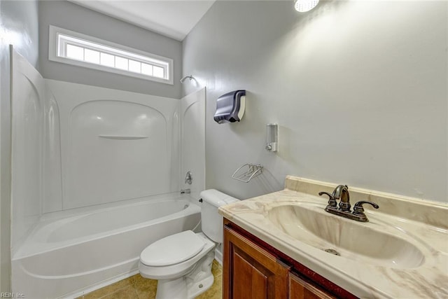 full bathroom featuring tile patterned flooring,  shower combination, vanity, and toilet