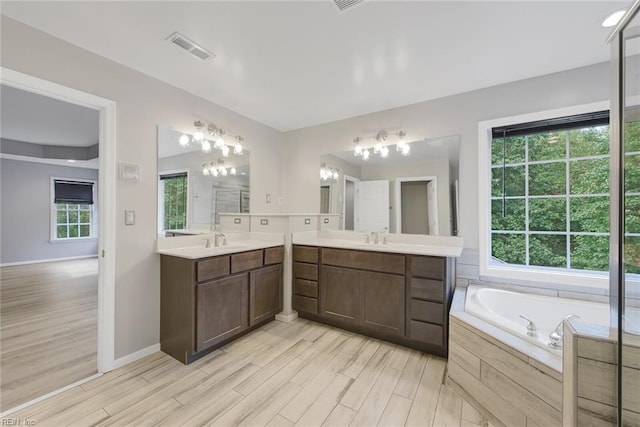 bathroom featuring tiled bath, vanity, and a wealth of natural light