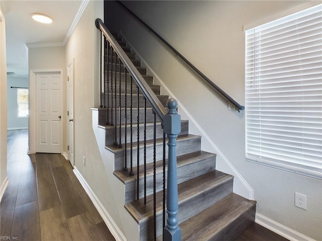 stairway featuring wood-type flooring and crown molding