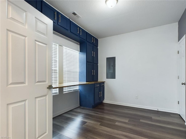 empty room with electric panel and dark hardwood / wood-style flooring