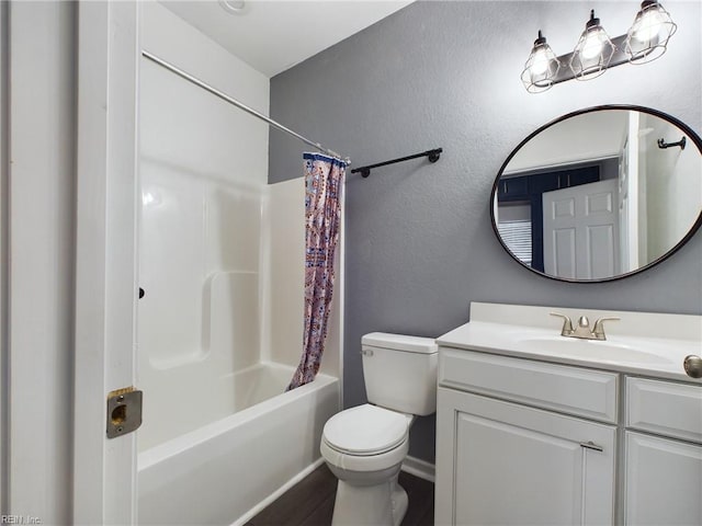 full bathroom with vanity, toilet, and shower / bath combination with curtain