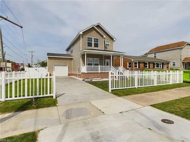 view of front facade with a front lawn, a porch, and a garage