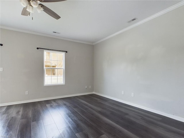 unfurnished room with ornamental molding, ceiling fan, and dark hardwood / wood-style flooring