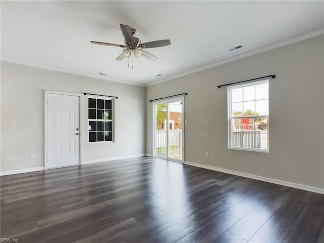 unfurnished room with ceiling fan, ornamental molding, and dark hardwood / wood-style flooring