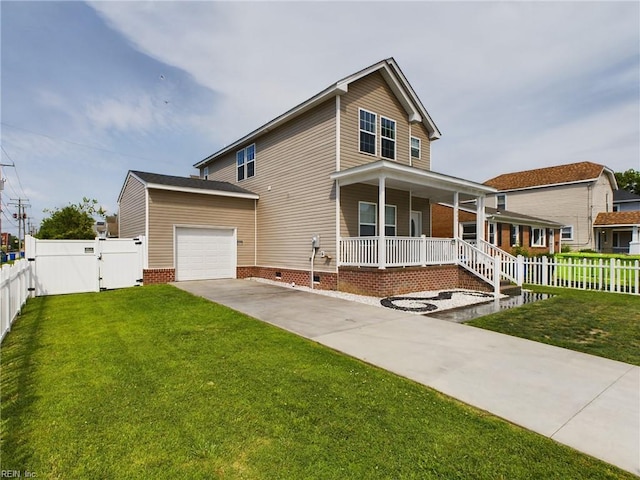 view of front facade featuring a garage, a front lawn, and a porch