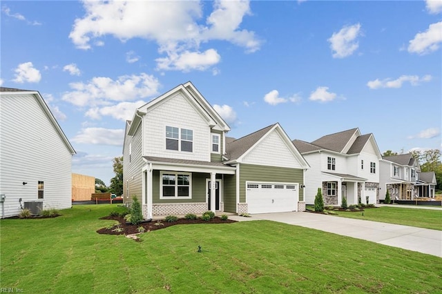 view of front of home featuring a garage, a front lawn, and central air condition unit