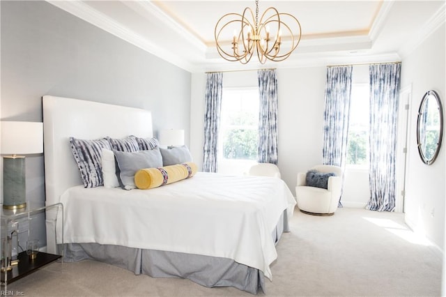 bedroom with light colored carpet, an inviting chandelier, a raised ceiling, and ornamental molding