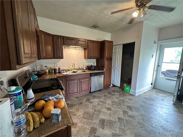 kitchen with ceiling fan, dishwasher, range with gas cooktop, and sink