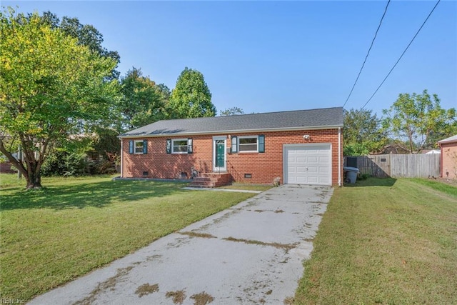 single story home featuring a garage and a front lawn