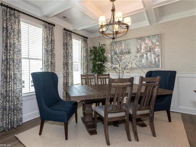 dining room featuring a notable chandelier, coffered ceiling, hardwood / wood-style flooring, and a wealth of natural light