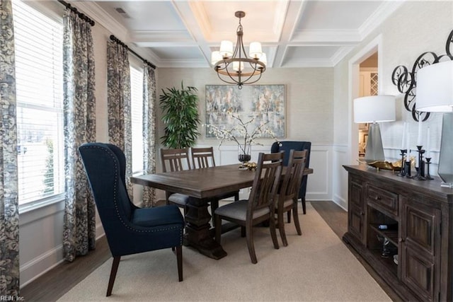 dining space with hardwood / wood-style flooring, coffered ceiling, a chandelier, ornamental molding, and beam ceiling