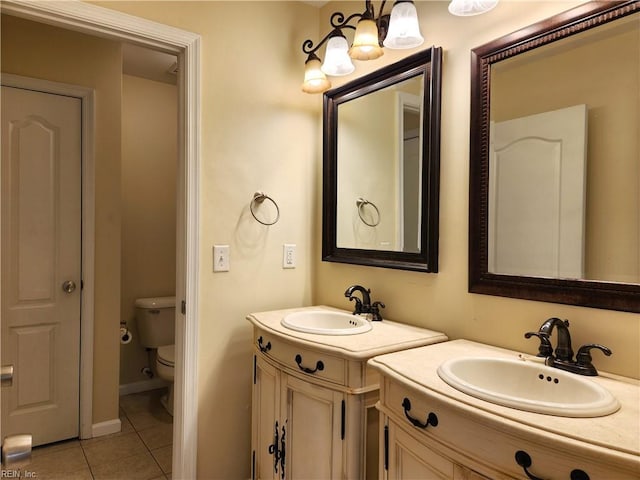 bathroom with toilet, tile patterned flooring, and vanity