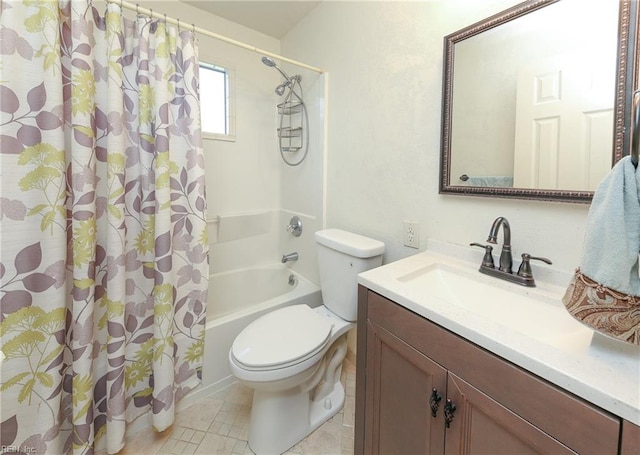 full bathroom featuring shower / bath combination with curtain, vanity, toilet, and tile patterned floors