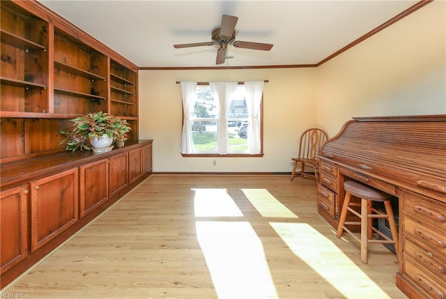 home office with ceiling fan, ornamental molding, and light hardwood / wood-style floors