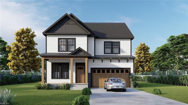 view of front of home with a front yard and a garage