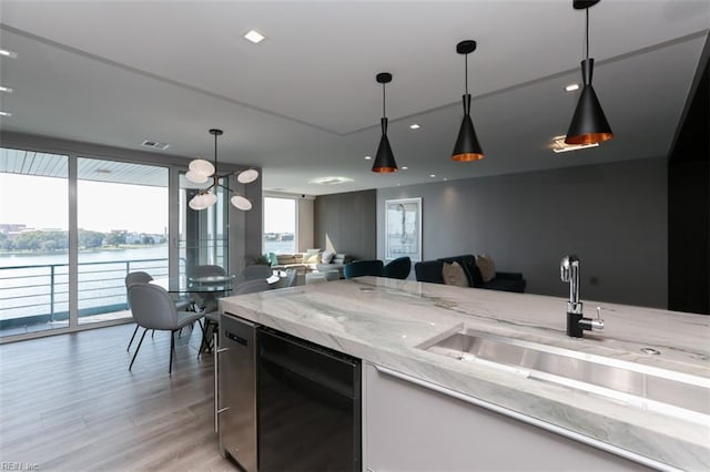 40 Rader St Unit 507, Norfolk, VA 23510 - kitchen featuring open floor plan, a sink, light wood-style floors, decorative light fixtures, and light stone counters